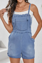 Light blue square neck denim overalls with front pocket and cuffed hems