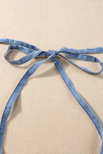 Light blue square neck denim overalls with denim bow tie belt