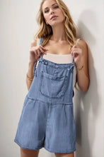 Light blue square neck denim overalls with front pocket