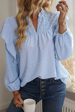 Swiss dot ruffled long sleeve blouse in light blue with ruffle trim and lace