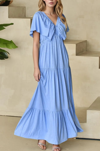 Light Blue Tiered Maxi Dress with Ruffled Details Light Blue