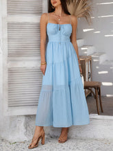 Light Blue Tiered Maxi Sundress with Smocked and Ruched Details