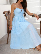 Light Blue Tiered Maxi Sundress with Smocked and Ruched Details
