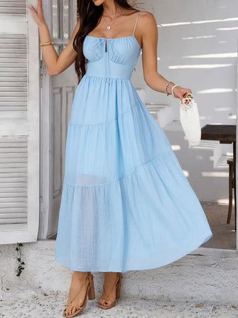Light Blue Tiered Maxi Sundress with Smocked and Ruched Details Light Blue