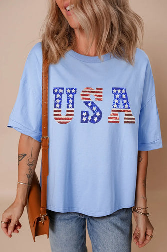 Light Blue USA Sequin Oversized T-Shirt for Women Light Blue