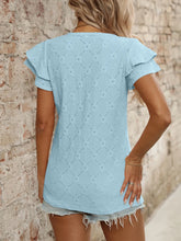 Light Blue V-Neck Top with Ruffled Sleeves and Diamond Eyelet Pattern