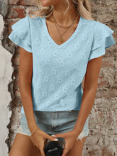 Light Blue V-Neck Top with Ruffled Sleeves and Diamond Eyelet Pattern