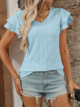 Light Blue V-Neck Top with Ruffled Sleeves and Diamond Eyelet Pattern Pastel Blue