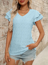 Light Blue V-Neck Top with Ruffled Sleeves and Diamond Eyelet Pattern