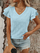 Light Blue V-Neck Top with Ruffled Sleeves and Diamond Eyelet Pattern