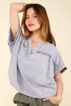 Light blue washed knit fabric top with notched short sleeves