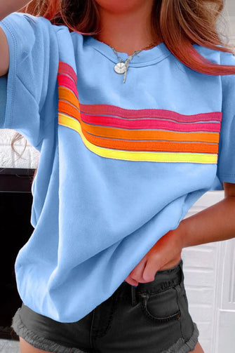 Light Blue Womens T Shirt with Colorful Stripes Light Blue