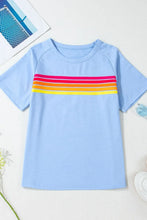 Light Blue Womens T Shirt with Colorful Stripes