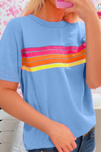 Light Blue Womens T Shirt with Colorful Stripes