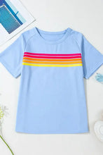 Light Blue Womens T Shirt with Colorful Stripes Woman T Shirts