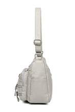 Light gray multi-pocket PU leather crossbody bag with zippered pockets