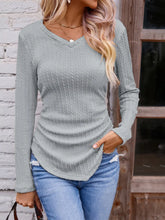 Light Gray Ribbed Long Sleeve V Neck Knit Top for Women Light Gray
