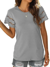 Light gray round neck short sleeve casual t-shirt with lace cut-out sleeves