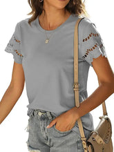 Light gray round neck short sleeve casual t-shirt with lace cut-out sleeves