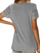 Light gray round neck short sleeve casual T-shirt with lace cut-out sleeves