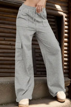 Gray drawstring active pants with wide-leg cargo style and pockets