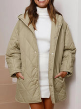 Light Green Quilted Hooded Button Up Coat for Women