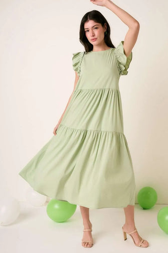 Light Green Ruffle Short Sleeve Tiered Maxi Dress SAGE