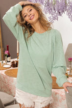 Light Green Slub Terry Puff Shoulder Sweatshirt for Women