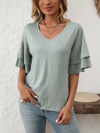 Light Green V-Neck Tiered Ruffle Sleeve Top for Women Sage