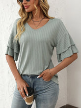 Light Green V-Neck Tiered Ruffle Sleeve Top for Women