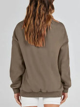 Women’s light grey mock neck drop shoulder long sleeve sweatshirt with olive green bomber jacket details