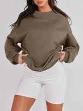 Olive green oversized mock neck drop shoulder long sleeve sweatshirt