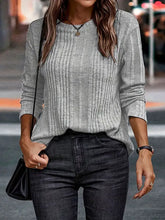 Light grey ribbed round neck long sleeve top for women