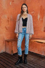 Light pink Adora fuzzy sweater cardigan with black lace trim