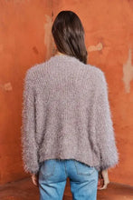 Light pink Adora fuzzy sweater cardigan with high neckline