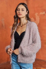 Adora fuzzy sweater: light pink fuzzy cardigan with open front and buttons