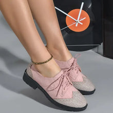 Light pink leather round toe flats with glittery oxford ankle strap