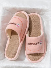 Light pink open toe flats slippers with woven insoles and rabbit embroidery