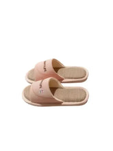 Light pink open toe flats slippers with woven insoles and rabbit embroidery