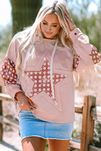 Light pink star long sleeve hoodie with floral applique and puffed sleeves