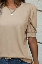 Light tan round neck puff sleeve casual t-shirt for women
