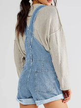 Light wash pocketed square neck wide strap denim overalls shorts