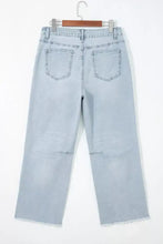 Light wash utility pocket straight leg jeans with light-wash denim and frayed hems for casual wear