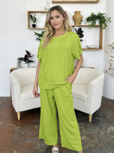 Lime green short sleeve texture round neck top with wide leg pants set