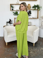 Lime green short sleeve texture round neck top with wide leg pants set