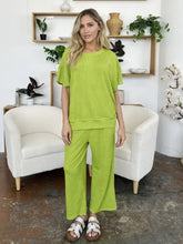 Lime Green Short Sleeve Texture Round Neck Top and Wide Leg Pants Set