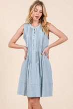 Light blue sleeveless midi dress with denim pintuck detail and button-front neckline by Lime N Chili
