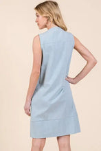 Light blue sleeveless midi dress in cotton with subtle pleats and denim pintuck details by lime n chili