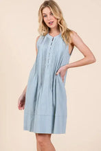 Light blue sleeveless midi dress with button-front neckline denim pintuck detail and side pockets by lime n chili