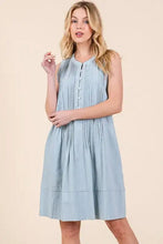 Light blue sleeveless midi dress with denim pintuck detail and button-front neckline by lime n chili